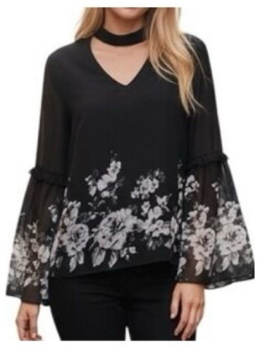 White House Black Market Women’s Black & White Floral Choker Blouse